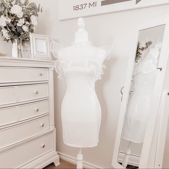 White Bodycon Dress with Ruffle Details - Picture 2 of 9